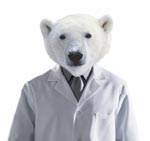 Un ours polaire habillé en blouse de laboratoire